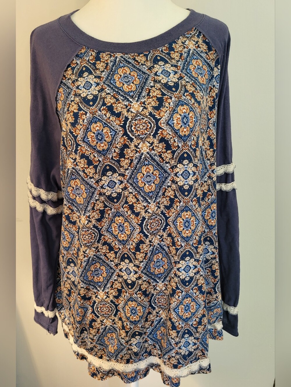 POL Navy Floral Colorblock Lace Boho Top Size S